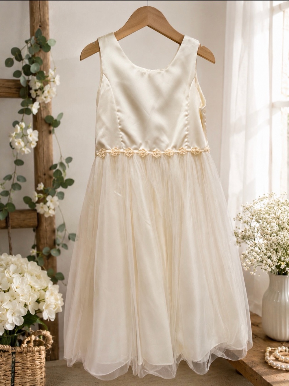 Girls' Ivory Tulle Flower Waist Party Dress size 16 made in the USA